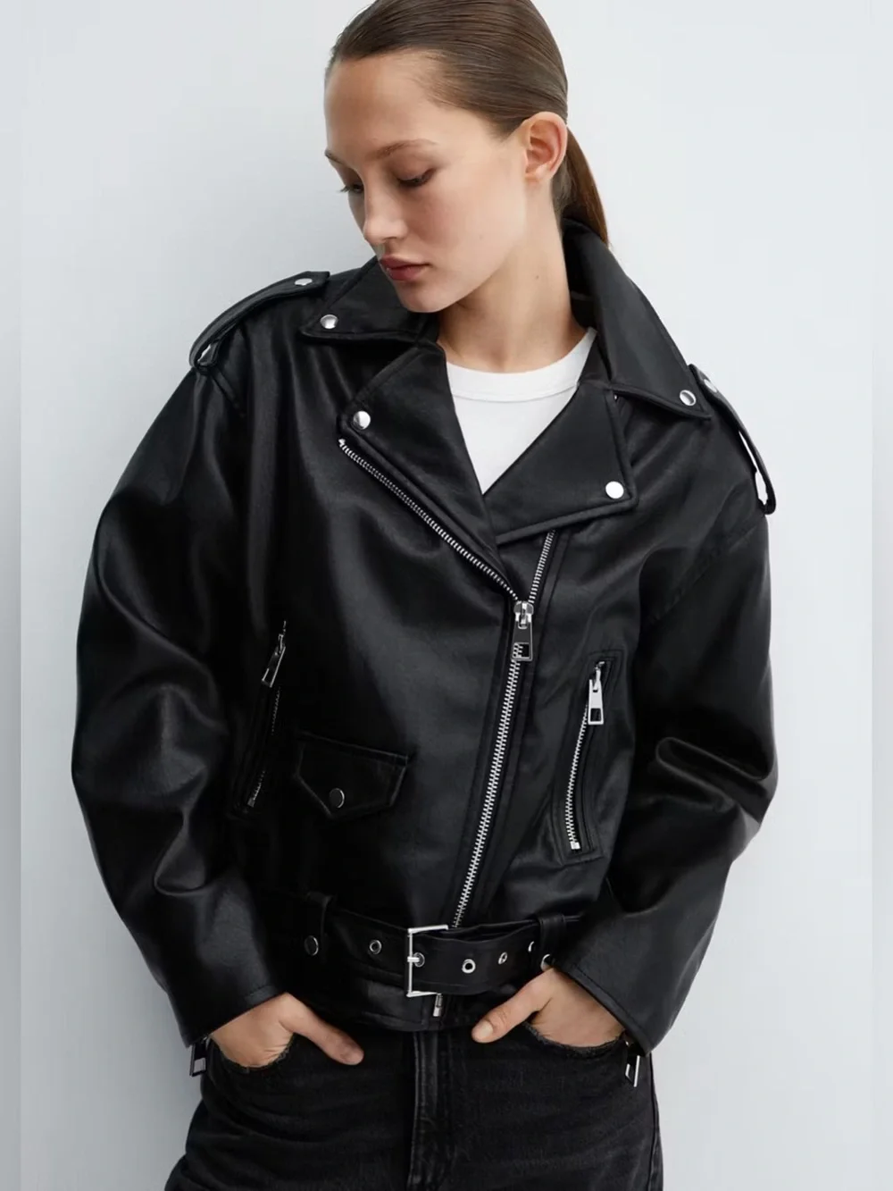 Mango Faux-Leather Oversized Biker Jacket - Black - XXL